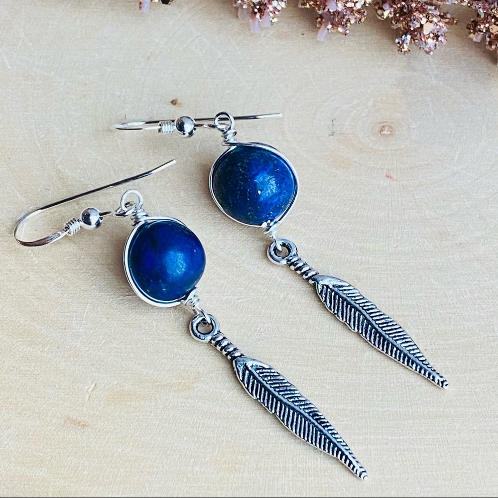 Lapis Lazuli stone Feather Sterling Boho Earrings